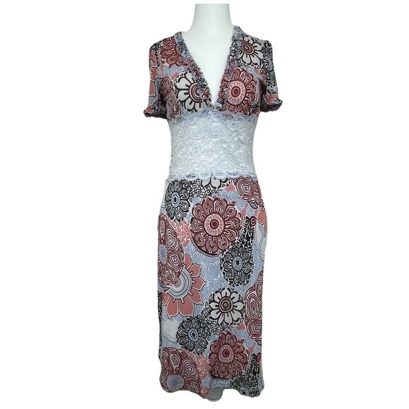 Bisou Bisou Floral Midi Mesh Dress Lace Waist V Neck Cap Sleeve Sheer 90’s Y2K-S - Picture 1 of 10